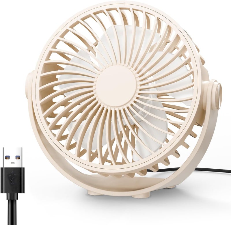 Edvision USB Desk Fan, 5 Inch Mini Portable, 3 Speeds Strong Airflow Personal Desktop, Detachable Cooling Fan 360° Rotation Quiet Small Fan for Desk Home Office Travel Car, Beige, 5ft Cable - Image 1
